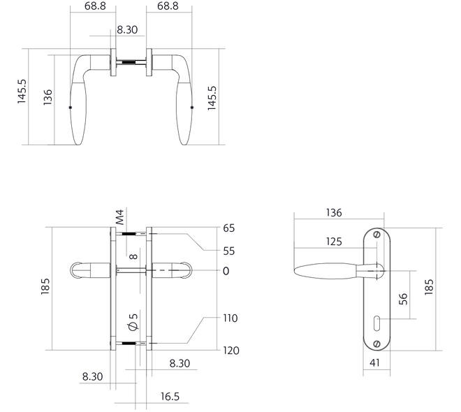 Deurkruk Jupiter basic op schild ovaal 185x41mm sleutelgat 56mm rvs