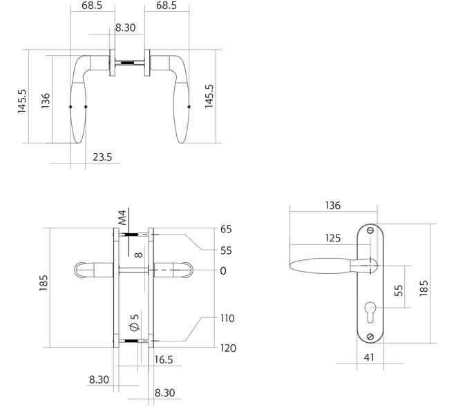 Deurkruk Jupiter basic op schild ovaal 185x41mm profielcilindergat 55mm rvs