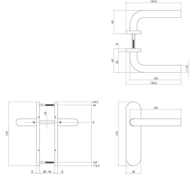 Deurkruk Recht basic op schild verdekt ovaal 170x40mm blind rvs