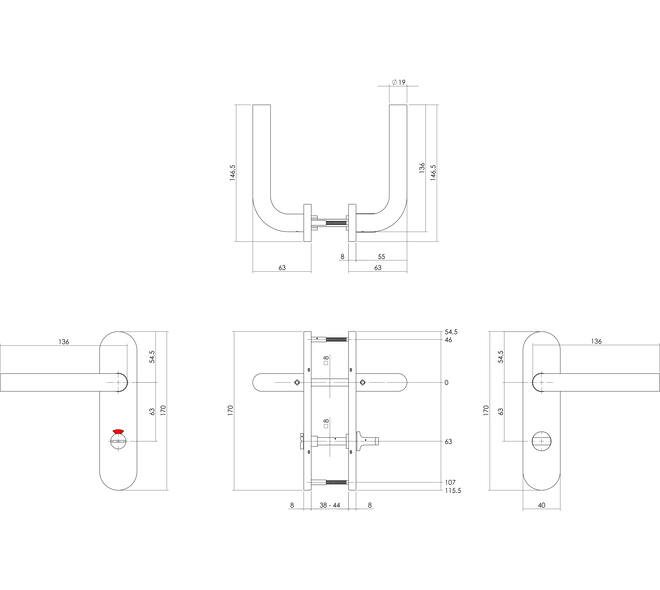Deurkruk Recht basic op schild verdekt ovaal 170x40mm wc 63/8mm rvs