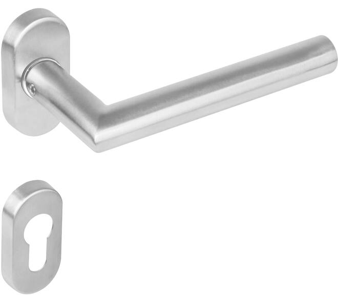 Deurkruk Jura op rozet verdekt ovaal 65x30x10mm en cilinderrozetten rvs