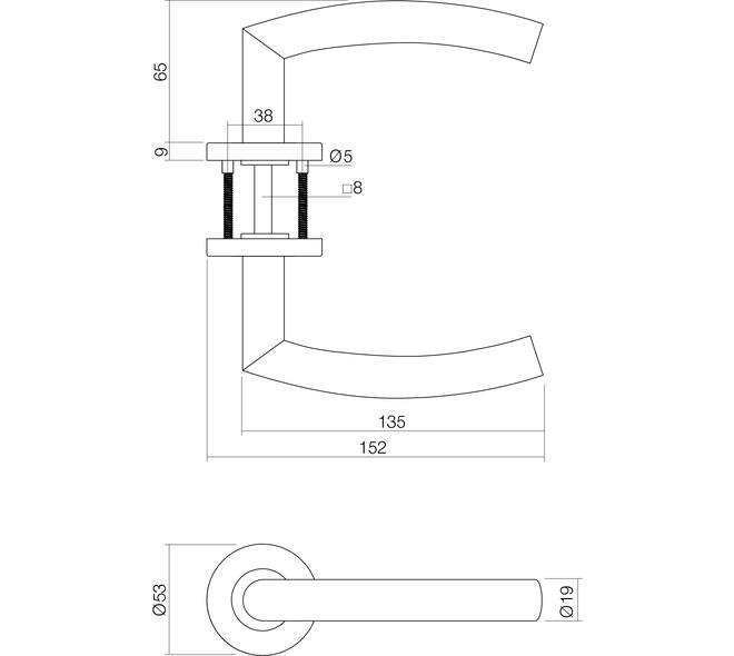 Deurkruk Half rond/90° basic op rozet verdekt ø53x9mm rvs