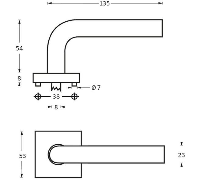 Deurkruk Ovaal/90° op rozet verdekt 53x53x8mm met nokken rvs
