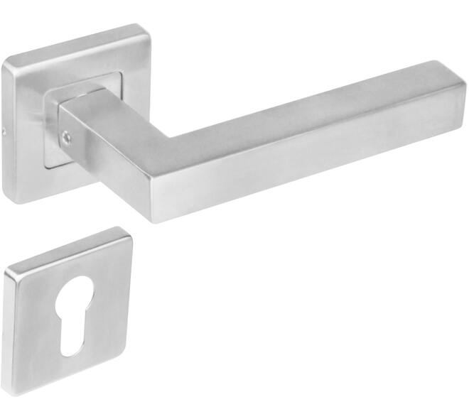 Deurkruk Vierkant op rozet verdekt 53x53x8mm met nokken en cilinderrozetten rvs