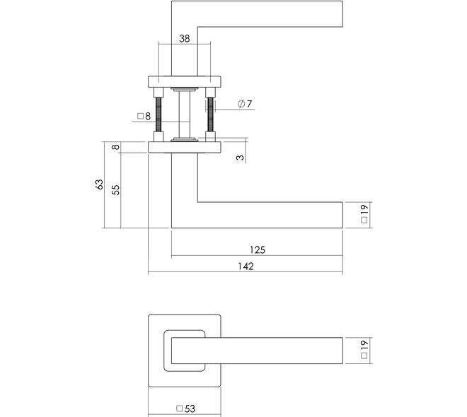 Deurkruk Vierkant op rozet verdekt 53x53x8mm met nokken en cilinderrozetten rvs