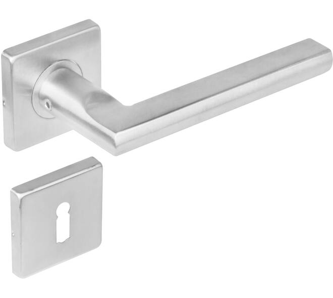 Deurkruk Hoek 90°/plat op rozet verdekt 53x53x8mm met nokken en sleutelrozetten rvs