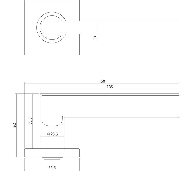Deurkruk Hoek 90°/plat op rozet verdekt 53x53x8mm met nokken en sleutelrozetten rvs