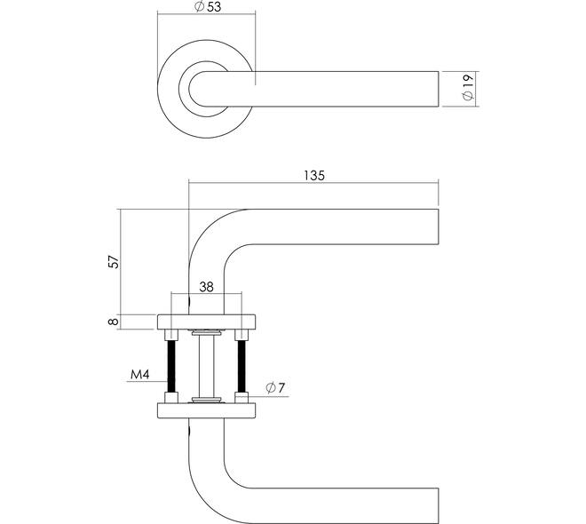 Deurkruk Recht op rozet verdekt ø53x8mm met nokken en WC-sluiting met stift 8x8mm rvs