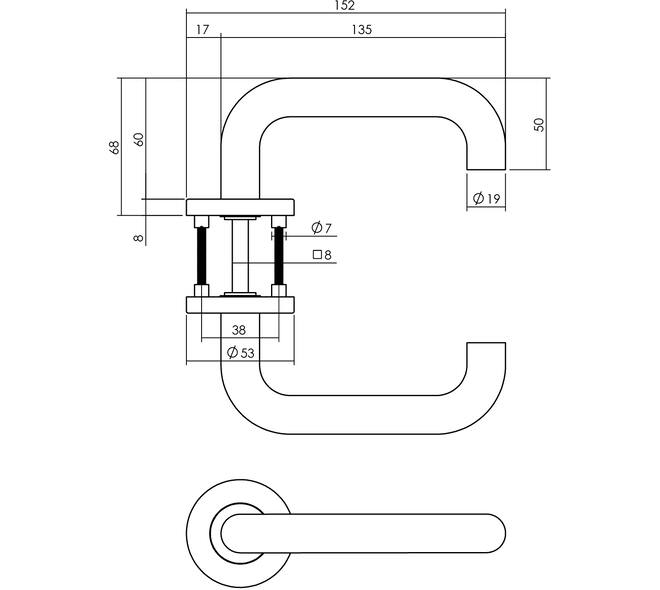 Deurkruk Rond op rozet verdekt ø53x8mm met nokken EN1906/4 rvs