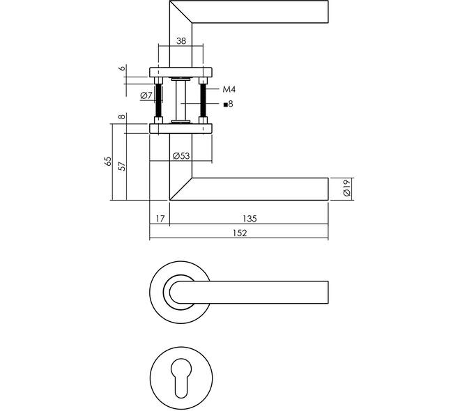 Deurkruk Jura op rozet verdekt ø53x8mm met nokken en cilinderrozetten rvs