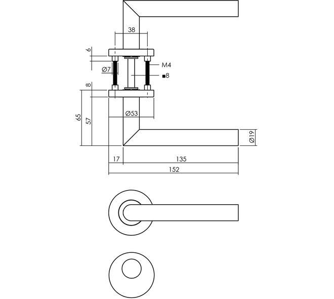 Deurkruk Jura op rozet verdekt ø53x8mm met nokken en rondcilinderrozetten rvs