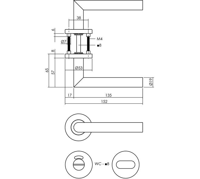Deurkruk Jura op rozet verdekt ø53x8mm met nokken en WC-sluiting met stift 8x8mm rvs