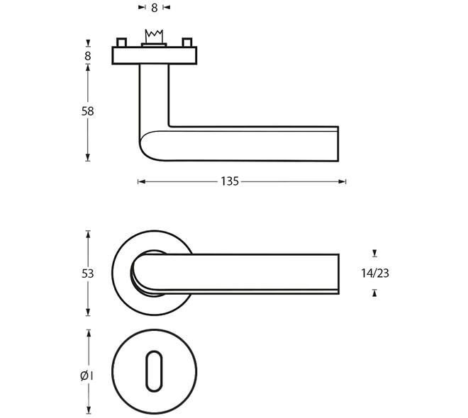 Deurkruk Ovaal/90° op rozet verdekt ø53x8mm met nokken en sleutelrozetten rvs
