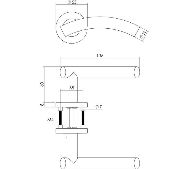 Deurkruk Gebogen op rozet verdekt ø53x8mm met nokken EN1906/4 rvs