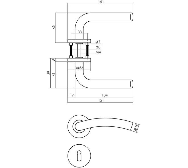 Deurkruk Lisa op rozet verdekt ø53x8mm met nokken en sleutelrozetten rvs