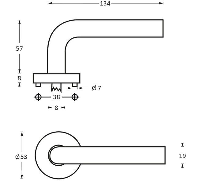 Deurkruk Half rond/90° op rozet verdekt ø53x8mm met nokken EN1906/4 rvs