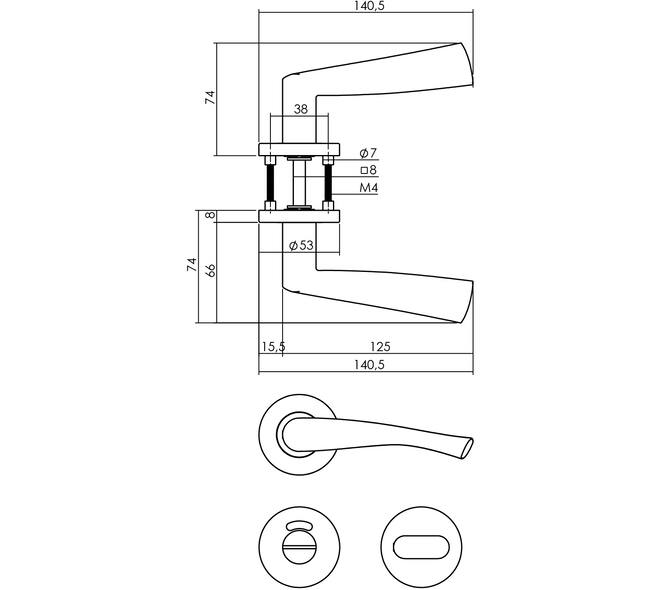 Deurkruk Vlinder op rozet verdekt ø53x8mm met nokken en WC-sluiting met stift 8x8mm rvs
