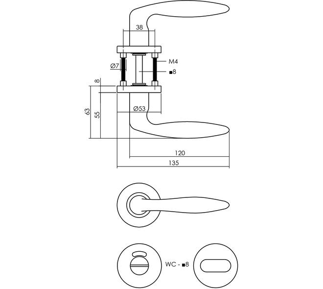 Deurkruk Jupiter op rozet verdekt ø53x8mm met nokken en WC-sluiting met stift 8x8mm rvs