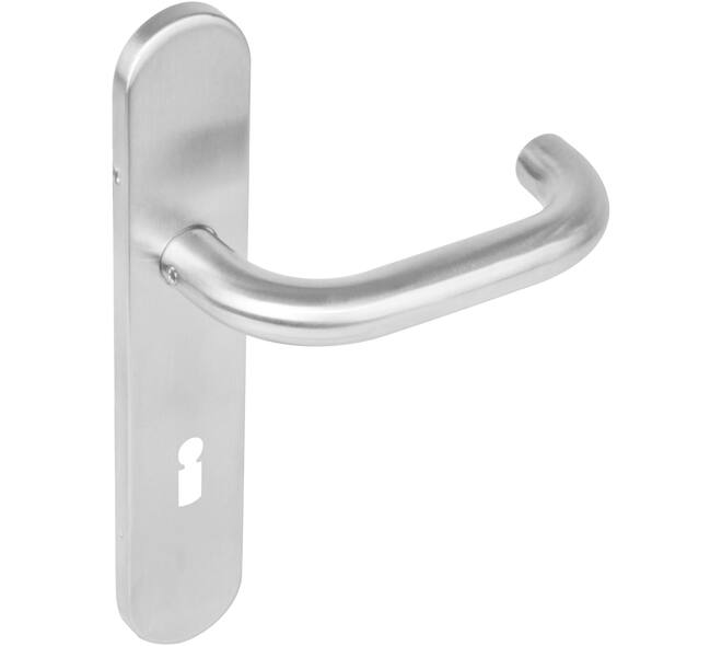 Deurkruk Rond op schild verdekt ovaal 219x40mm met nokken sleutelgat 72mm rvs EN1906/4