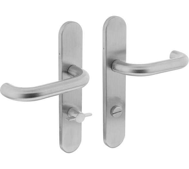 Deurkruk Rond op schild verdekt ovaal 219x40mm met nokken wc 78/8mm rvs EN1906/4
