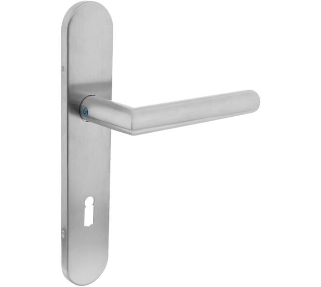 Deurkruk Jura op schild verdekt ovaal 219x40mm met nokken sleutelgat 72mm rvs EN1906/4