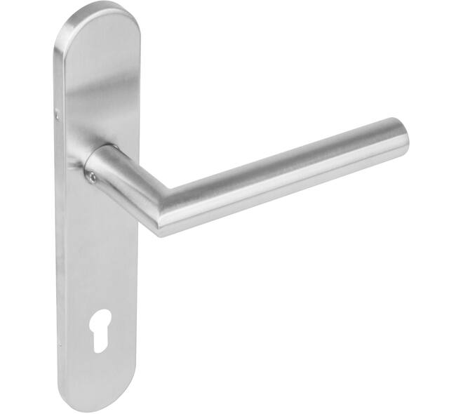 Deurkruk Jura op schild verdekt ovaal 219x40mm met nokken profielcilindergat 92mm rvs EN1906/4