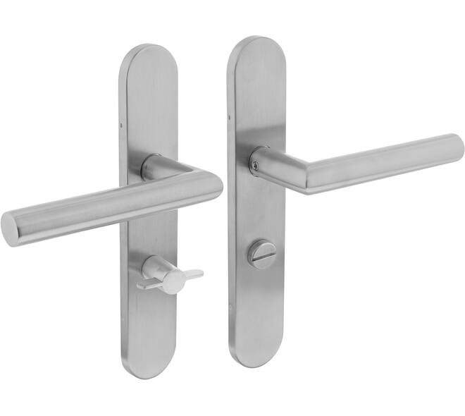 Deurkruk Jura op schild verdekt ovaal 219x40mm met nokken wc 63/8mm rvs EN1906/4