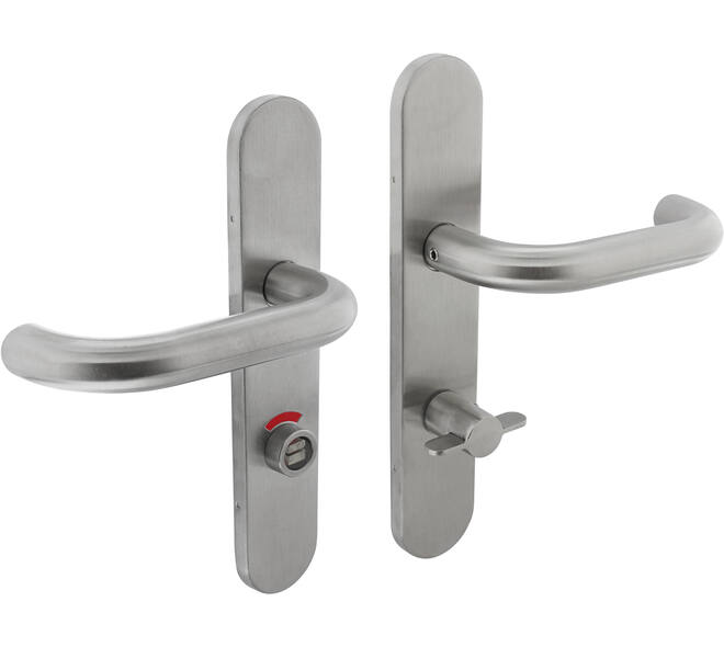 Deurkruk Rond op schild verdekt ovaal 219x40mm met nokken wc 72/8mm stiftbediening rvs EN1906/4