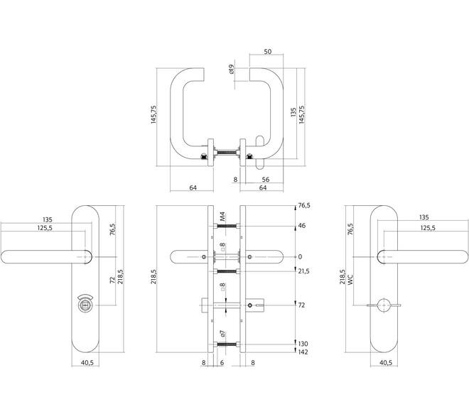 Deurkruk Rond op schild verdekt ovaal 219x40mm met nokken wc 72/8mm stiftbediening rvs EN1906/4