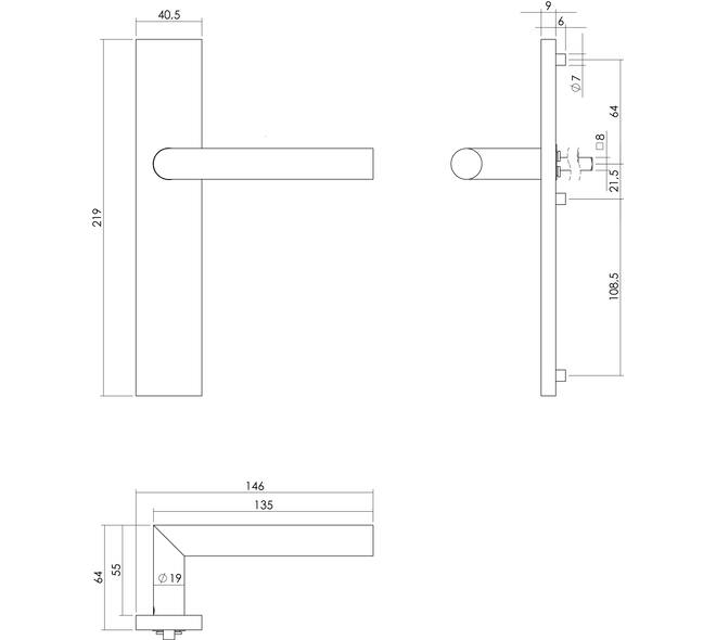 Deurkruk Jura op schild verdekt rechthoekig 219x40mm met nokken blind rvs EN1906/4