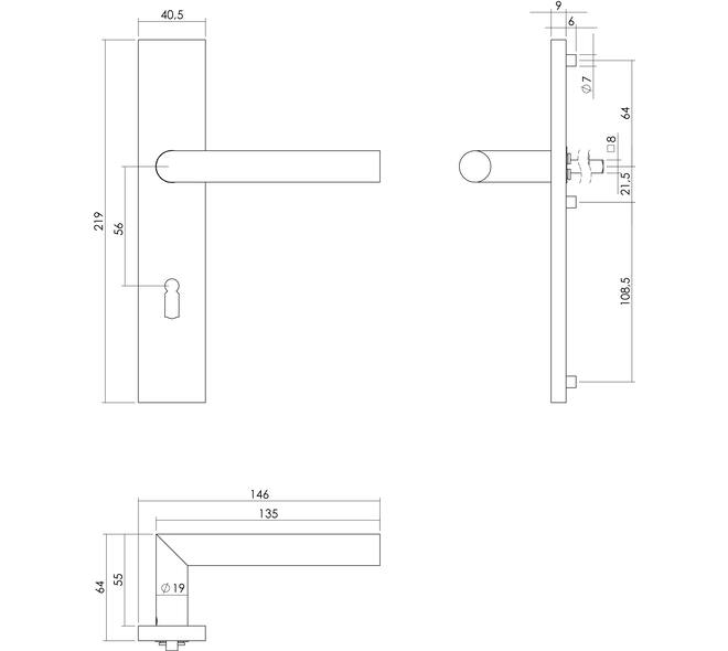 Deurkruk Jura op schild verdekt rechthoekig 219x40mm met nokken sleutelgat 56mm rvs EN1906/4