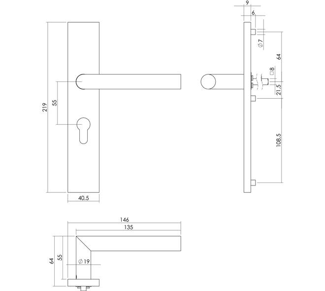 Deurkruk Jura op schild verdekt rechthoekig 219x40mm met nokken profielcilindergat 55mm rvs EN1906/4