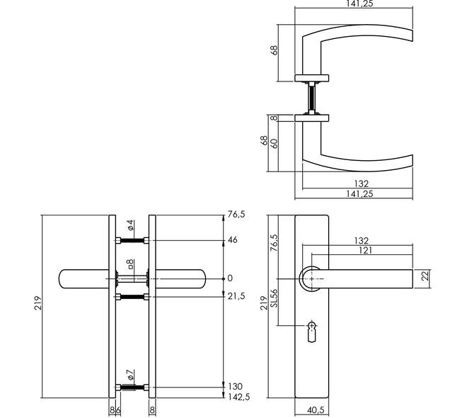 Deurkruk Blok op schild verdekt rechthoekig 219x40mm met nokken sleutelgat 56mm rvs EN1906/4