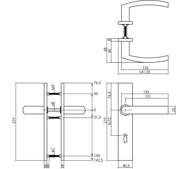 Deurkruk Blok op schild verdekt rechthoekig 219x40mm met nokken sleutelgat 72mm rvs EN1906/4