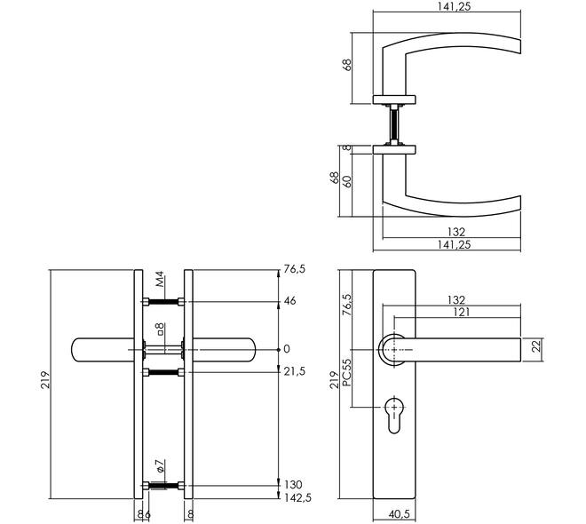 Deurkruk Blok op schild verdekt rechthoekig 219x40mm met nokken profielcilindergat 55mm rvs EN1906/4