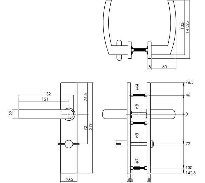 Deurkruk Blok op schild verdekt rechthoekig 219x40mm met nokken wc 78/8mm rvs EN1906/4