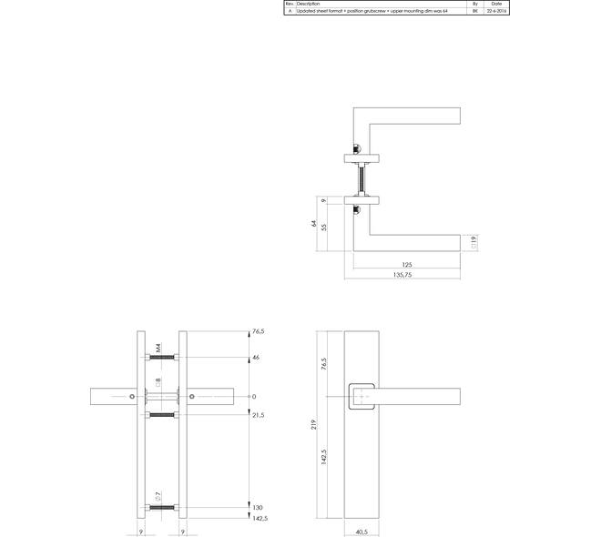 Deurkruk Vierkant op schild verdekt rechthoekig 219x40mm met nokken blind rvs EN1906/4