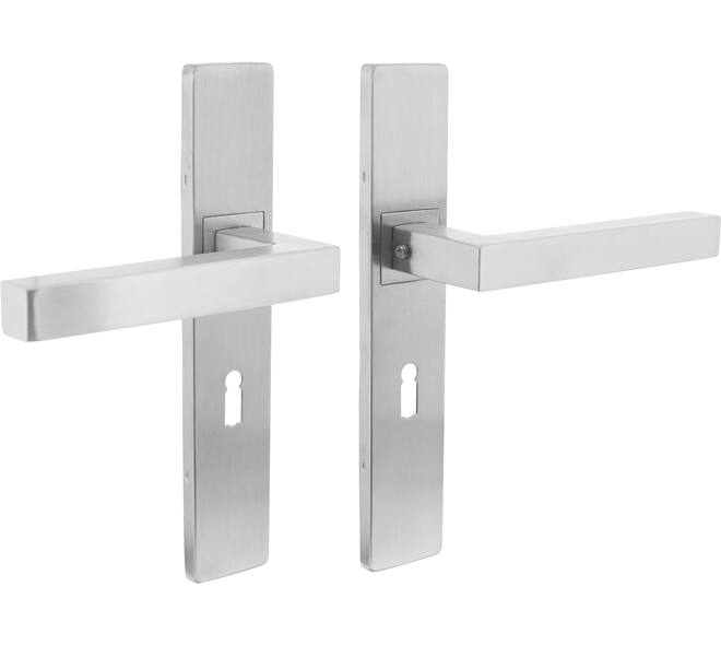 Deurkruk Vierkant op schild verdekt rechthoekig 219x40mm met nokken sleutelgat 56mm rvs EN1906/4
