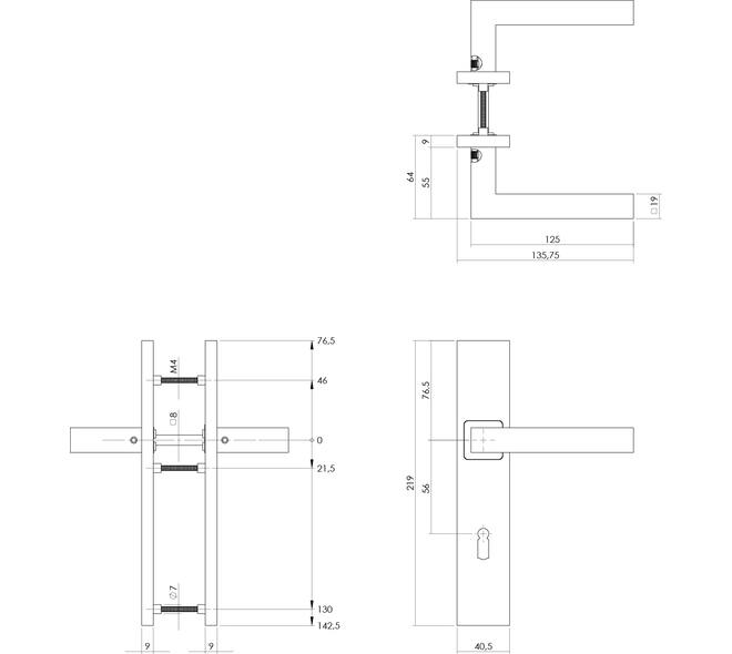 Deurkruk Vierkant op schild verdekt rechthoekig 219x40mm met nokken sleutelgat 56mm rvs EN1906/4