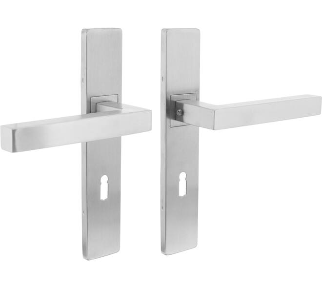Deurkruk Vierkant op schild verdekt rechthoekig 219x40mm met nokken sleutelgat 72mm rvs EN1906/4