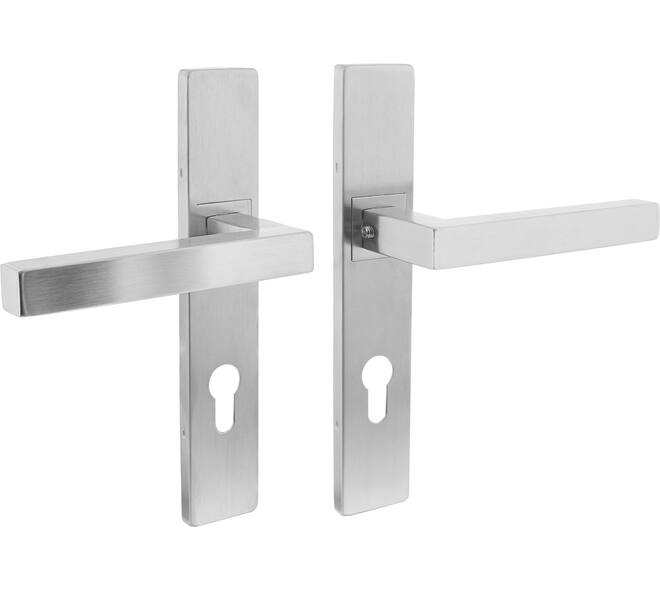 Deurkruk Vierkant op schild verdekt rechthoekig 219x40mm met nokken profielcilindergat 72mm rvs EN1906/4