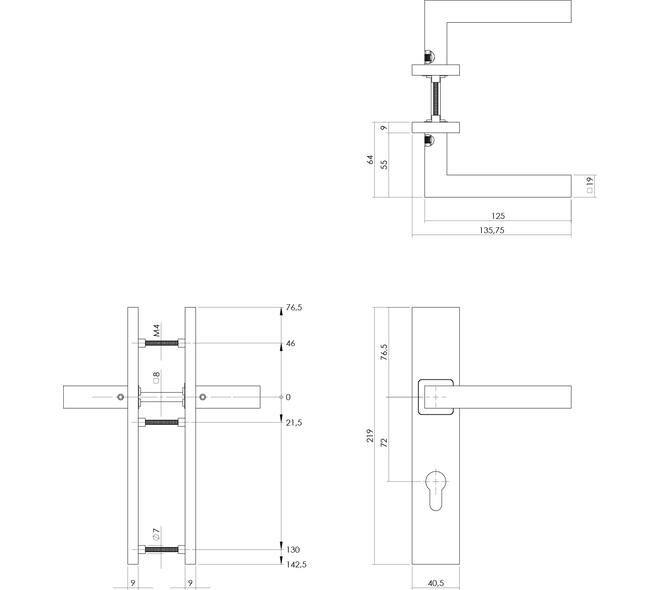 Deurkruk Vierkant op schild verdekt rechthoekig 219x40mm met nokken profielcilindergat 72mm rvs EN1906/4
