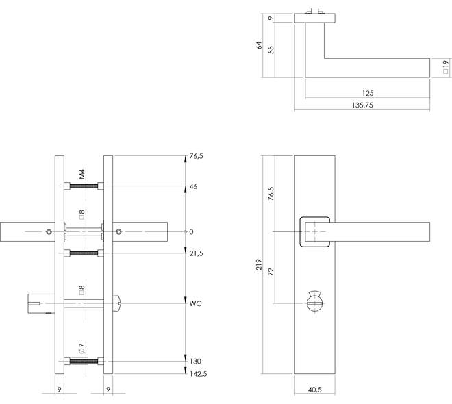 Deurkruk Vierkant op schild verdekt rechthoekig 219x40mm met nokken wc 72/8mm rvs EN1906/4