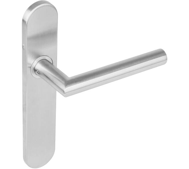 Deurkruk Jura op schild verdekt ovaal met groot krukgat 219x40mm met nokken blind rvs EN1906/4