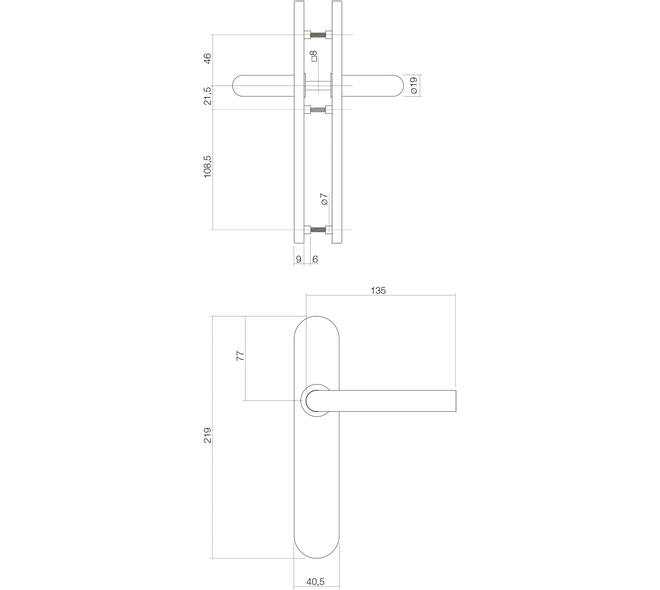Deurkruk Jura op schild verdekt ovaal met groot krukgat 219x40mm met nokken blind rvs EN1906/4
