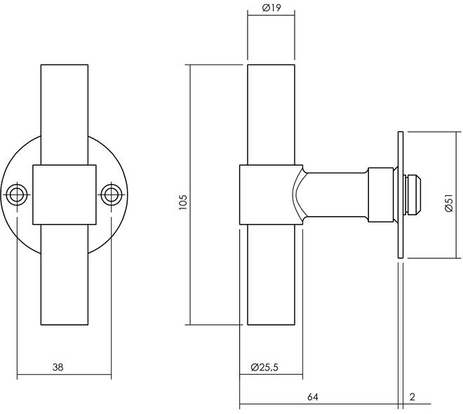 Gatdeel T recht met rozet Ø51x2mm rvs