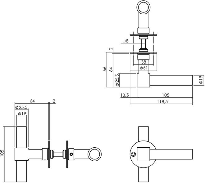 Deurkruk L/T recht met rozet Ø51x2mm rvs
