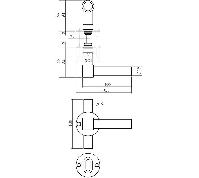 Deurkruk L/T recht met rozet Ø51x2mm en WC-sluiting met stift 8x8mm rvs