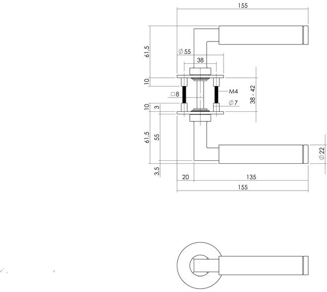 Deurkruk Baustil op rozet verdekt met magneet ø55x3mm met nokken rvs
