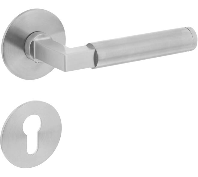 Deurkruk Baustil op rozet verdekt met magneet ø55x3mm met nokken en cilinderrozetten rvs